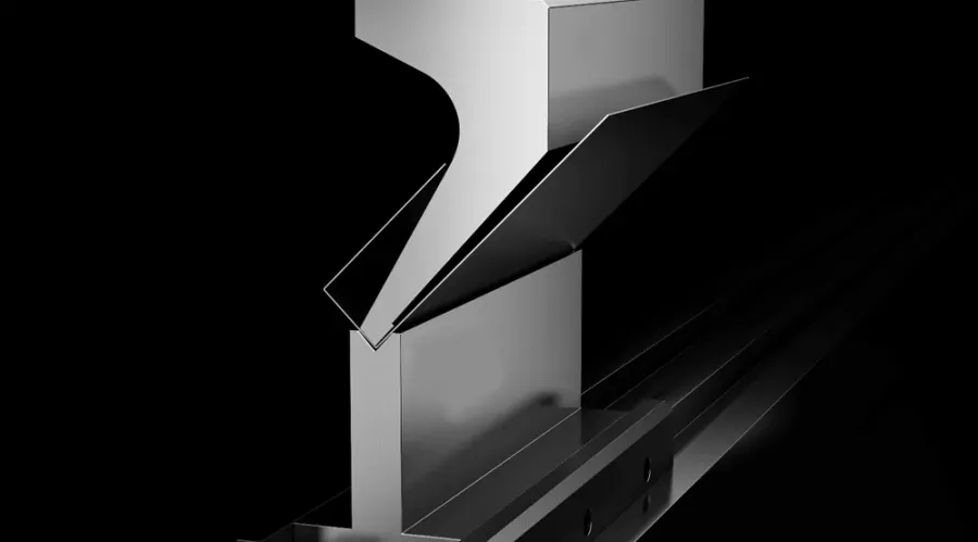 Illustrative technical render of a gooseneck punch, sheet and die at the bend