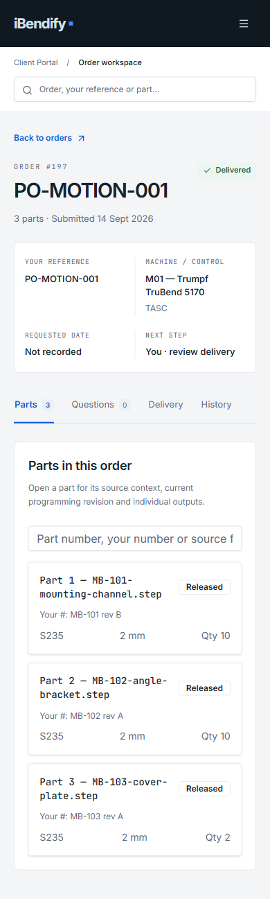 Mobile Order 197 workspace showing three part cards