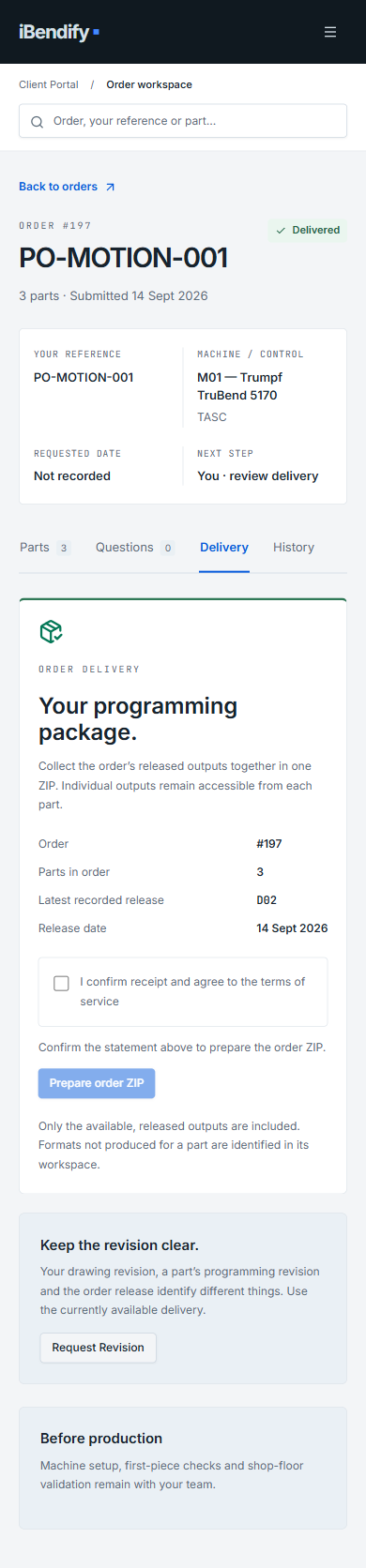 Delivered mobile order showing acknowledgement and Download Package ZIP button