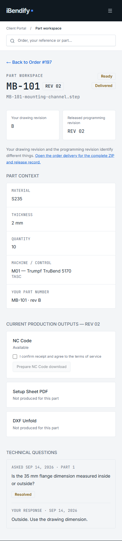 Real Part Workspace: MB-101 rev B, current production outputs REV 02 and available NC Code with download action